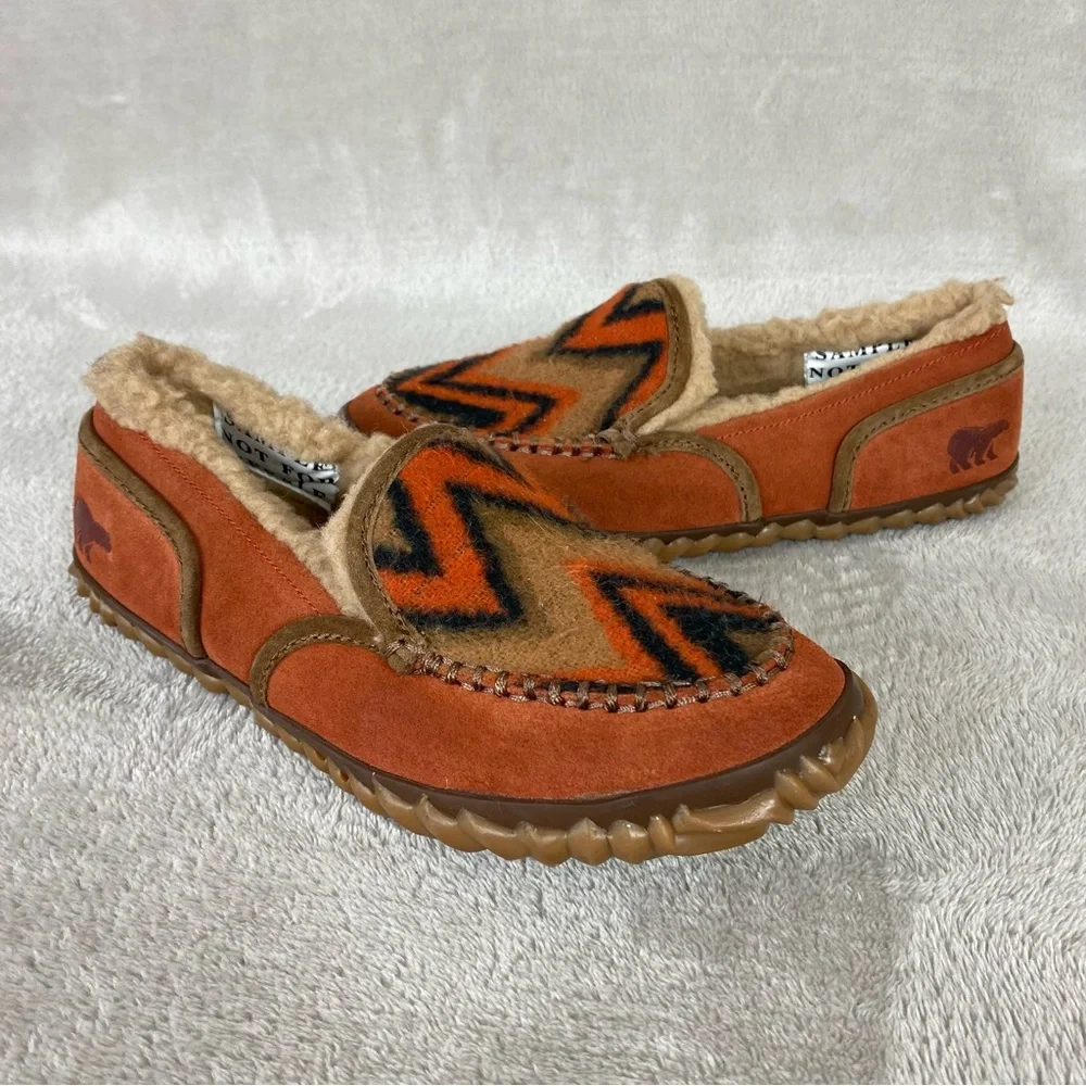 Sorel Tremblant Blanket Slipper Loafers Size 7 Brown Orange Sherpa Lined Moc - Picture 3 of 11